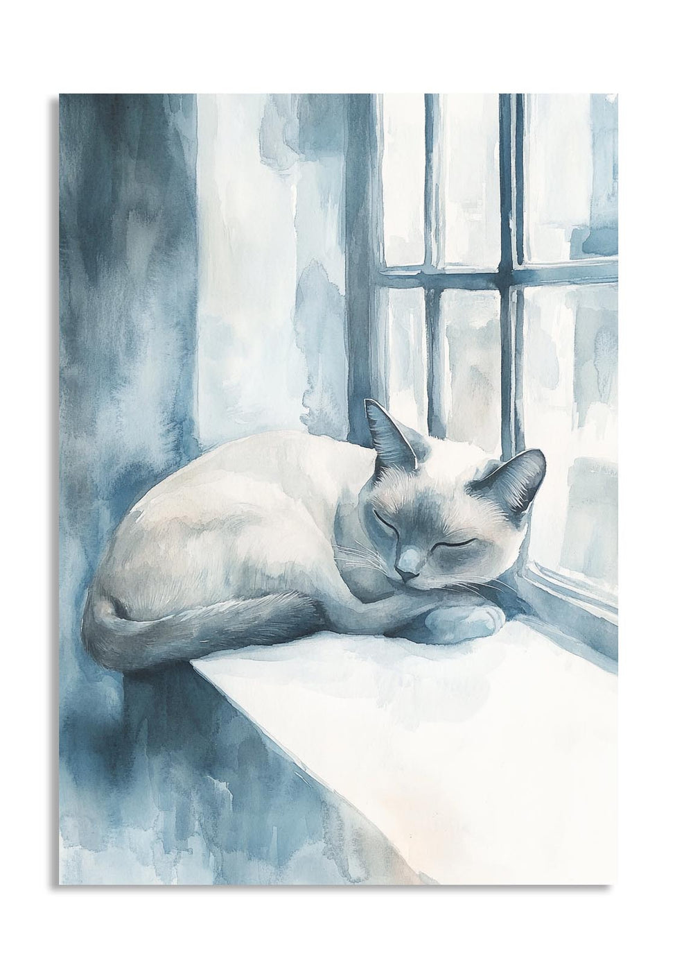 Watercolor painting of a cat sleeping by a window with soft blue and white tones, as a premium aluminum metal print from GoMetalPrint.
