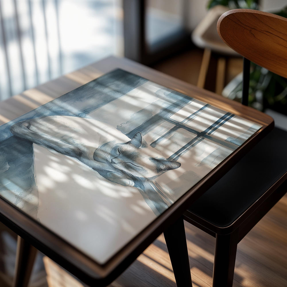 Watercolor painting of a cat sleeping by a window with soft blue and white tones, as a premium aluminum metal print from GoMetalPrint.
