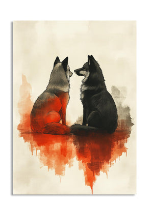 Artistic depiction of two wolves facing each other with a watercolor effect on a beige background, as a premium aluminum metal print from GoMetalPrint.
