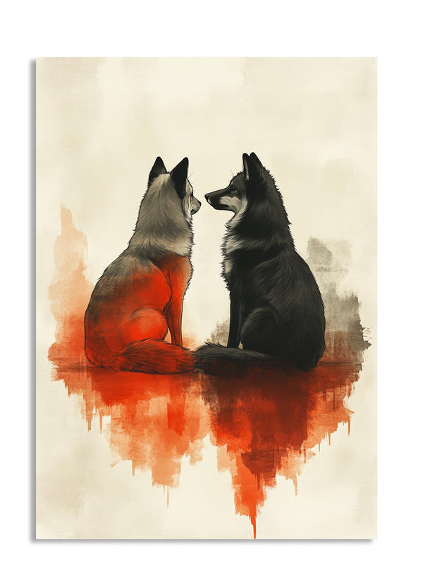 Artistic depiction of two wolves facing each other with a watercolor effect on a beige background, as a premium aluminum metal print from GoMetalPrint.
