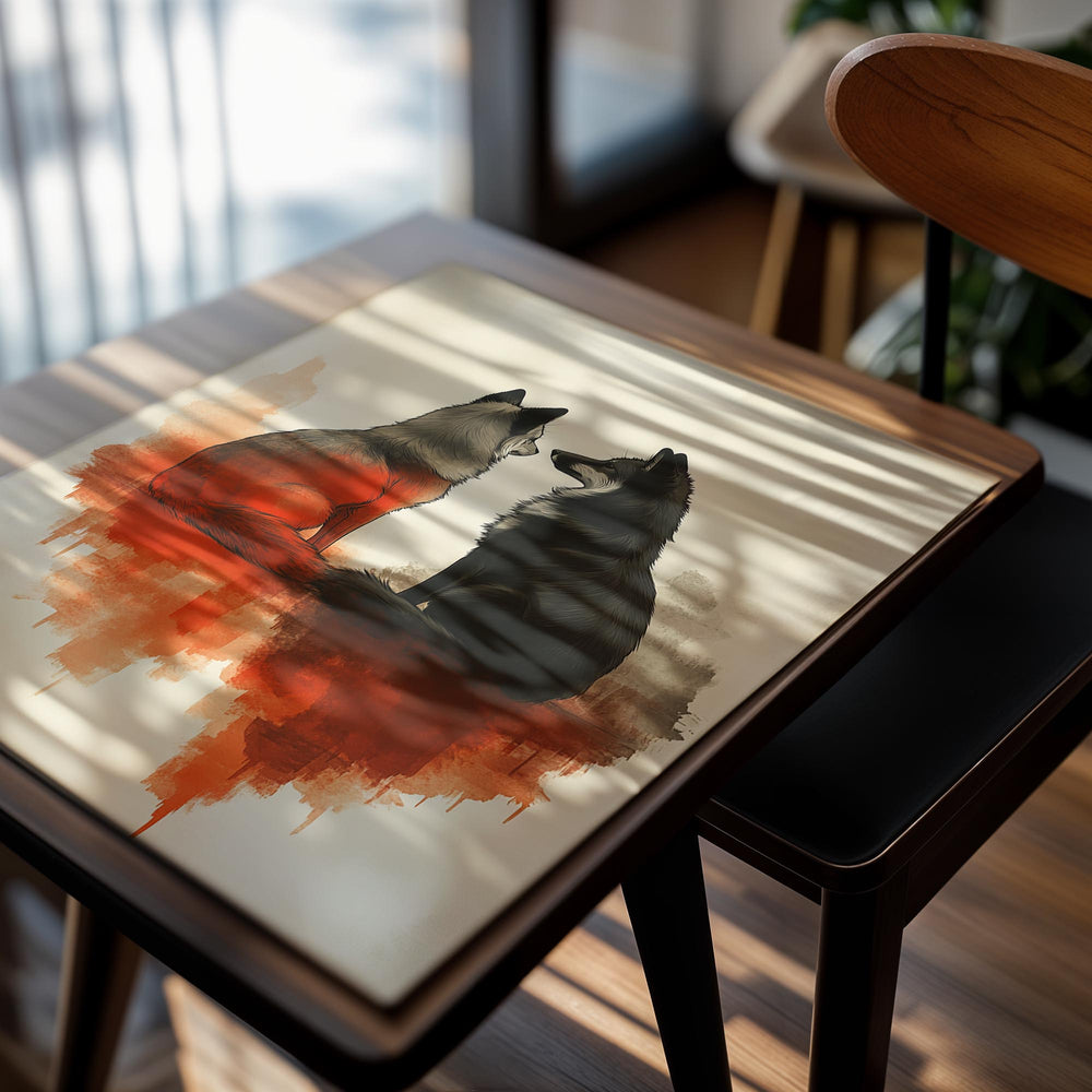 Artistic depiction of two wolves facing each other with a watercolor effect on a beige background, as a premium aluminum metal print from GoMetalPrint.
