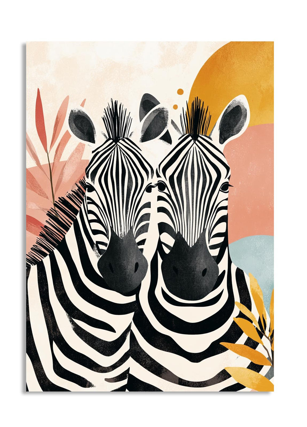 Two zebras facing each other with a colorful abstract background, as a premium aluminum metal print from GoMetalPrint.
