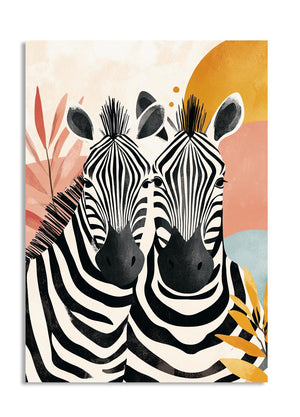 Two zebras facing each other with a colorful abstract background, as a premium aluminum metal print from GoMetalPrint.

