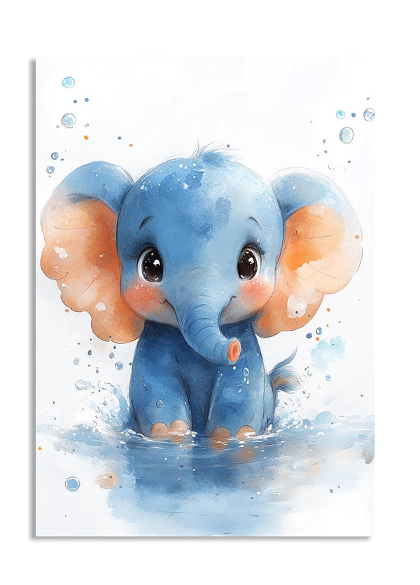Illustration of a cute blue elephant with orange ears in water, as a premium aluminum metal print from GoMetalPrint.
