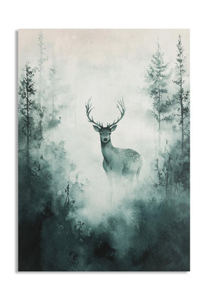 Stag in a forest with misty background, as a premium aluminum metal print from GoMetalPrint.
