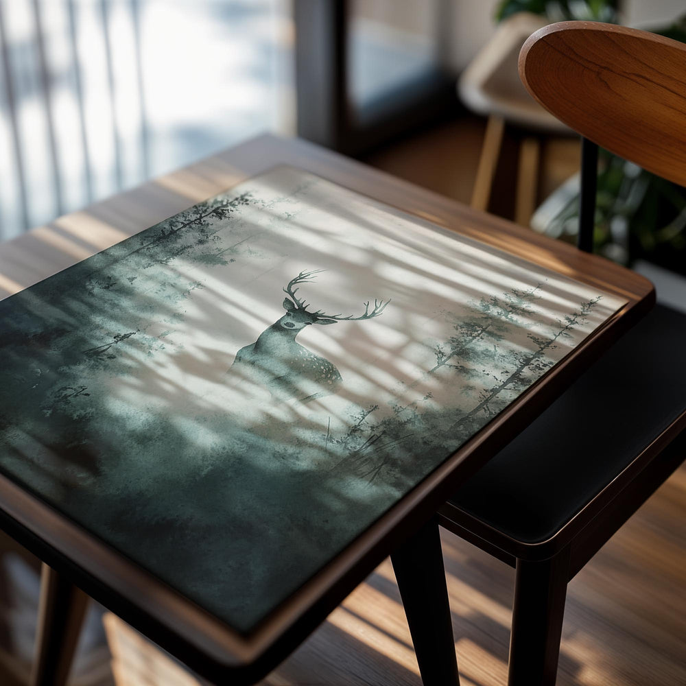 Stag in a forest with misty background, as a premium aluminum metal print from GoMetalPrint.
