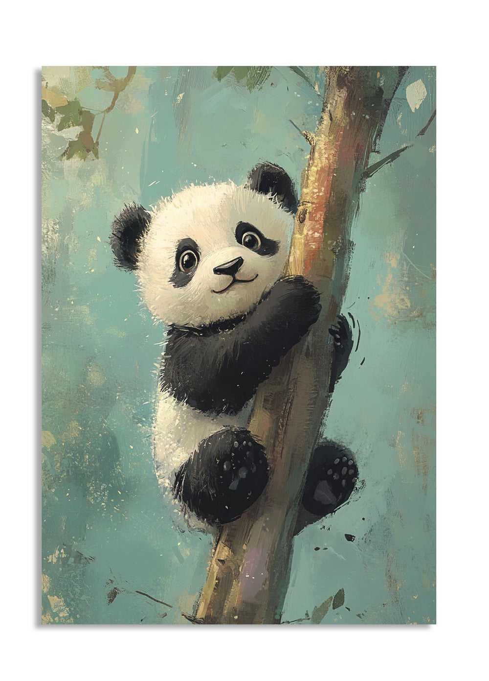 Illustration of a panda bear climbing a tree, as a premium aluminum metal print from GoMetalPrint.
