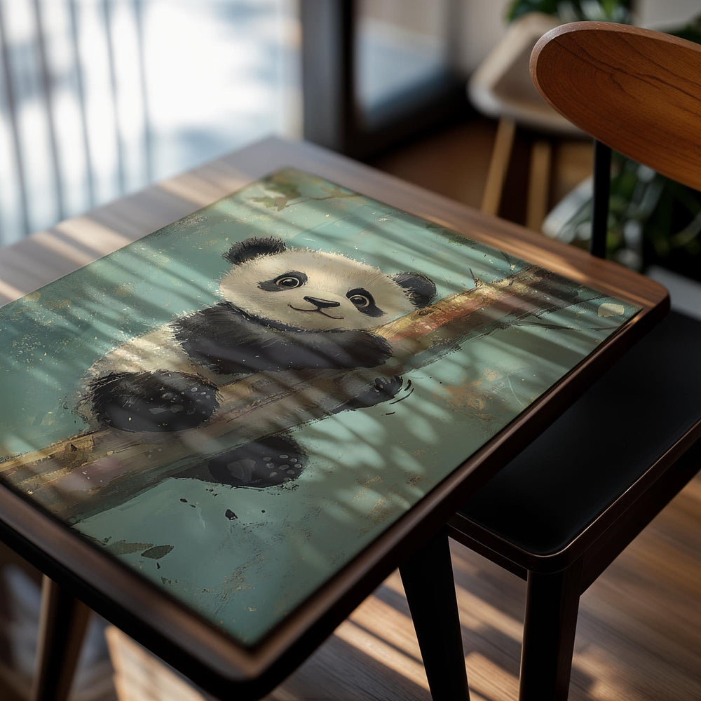 Illustration of a panda bear climbing a tree, as a premium aluminum metal print from GoMetalPrint.
