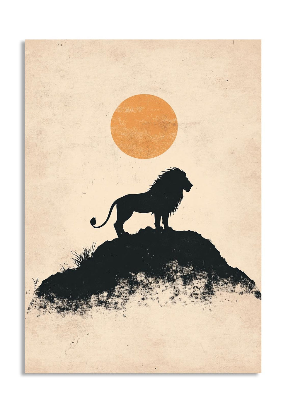 Silhouette of a lion on a rock with a sun in the background on a beige background , as a premium aluminum metal print from GoMetalPrint.
