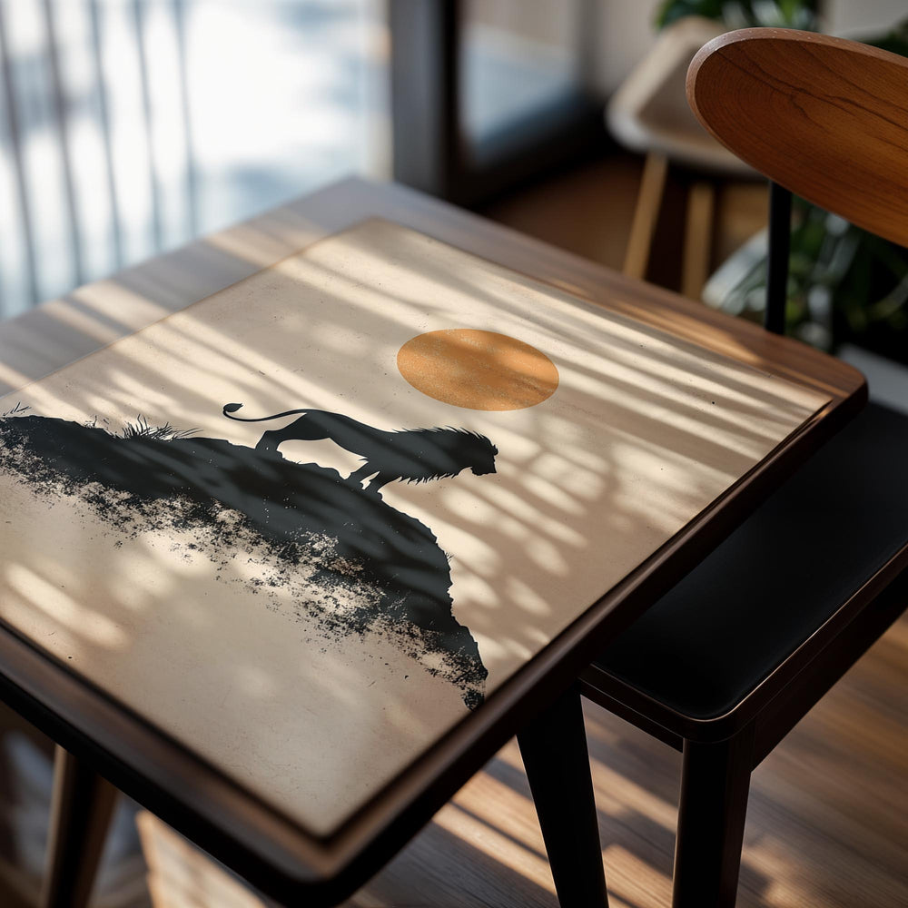 Silhouette of a lion on a rock with a sun in the background on a beige background , as a premium aluminum metal print from GoMetalPrint.
