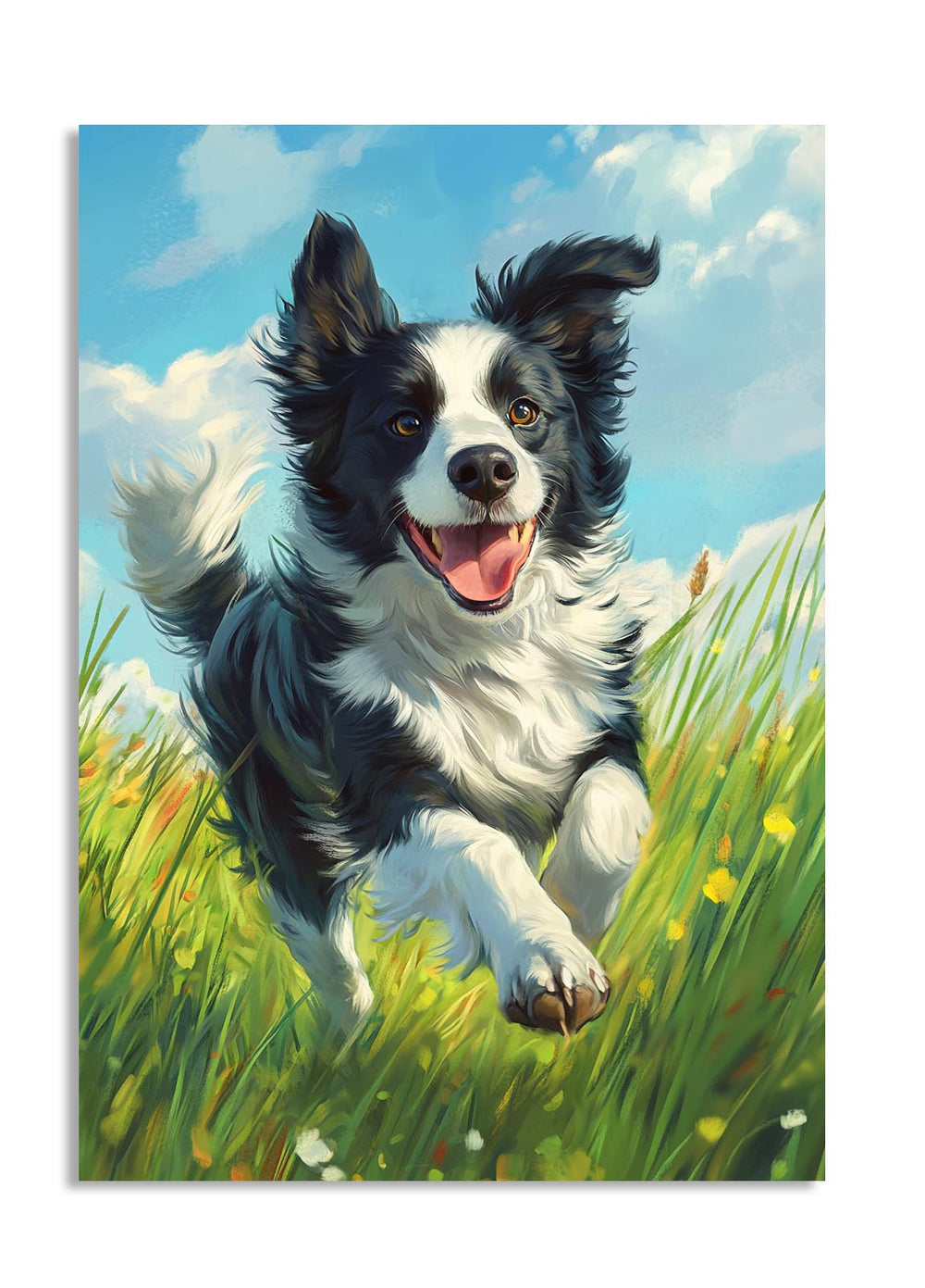Painting of a happy dog running in a grassy field with a blue sky, as a premium aluminum metal print from GoMetalPrint.
