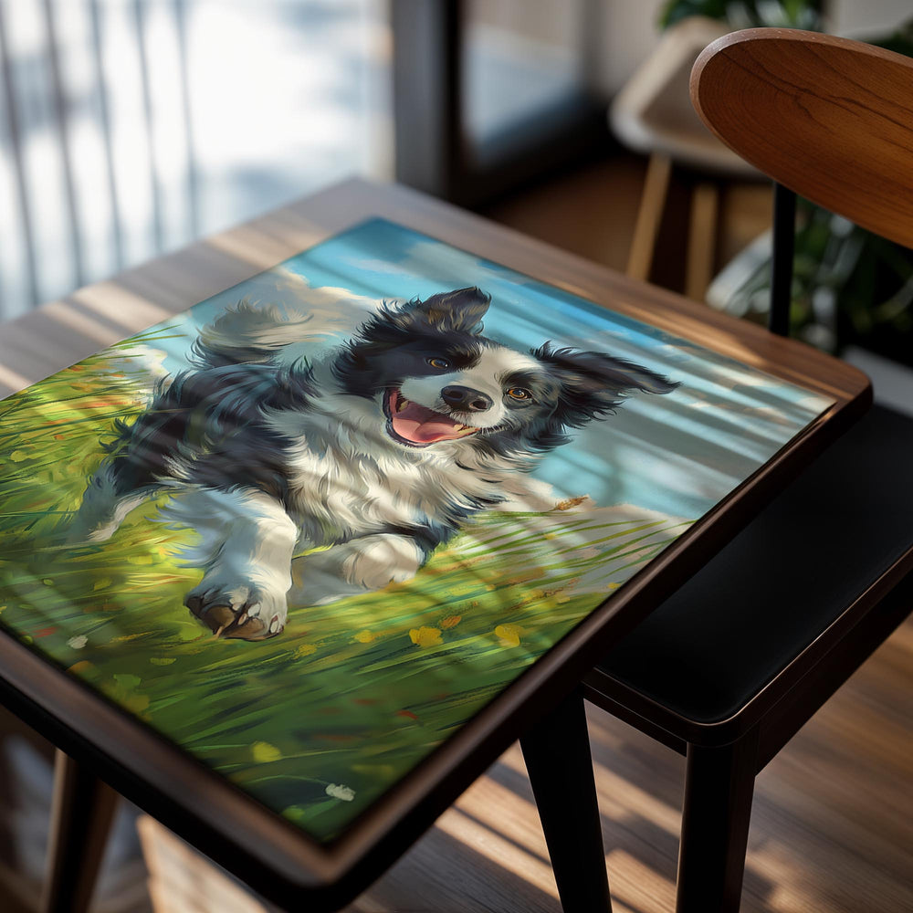 Painting of a happy dog running in a grassy field with a blue sky, as a premium aluminum metal print from GoMetalPrint.
