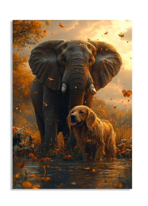 Elephant and dog standing together in a scenic landscape with autumn leaves, as a premium aluminum metal print from GoMetalPrint.
