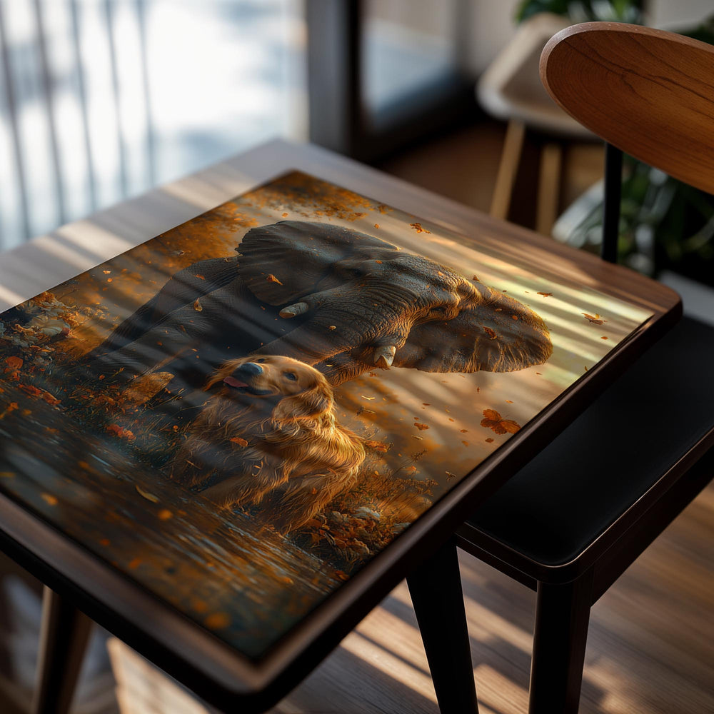 Elephant and dog standing together in a scenic landscape with autumn leaves, as a premium aluminum metal print from GoMetalPrint.
