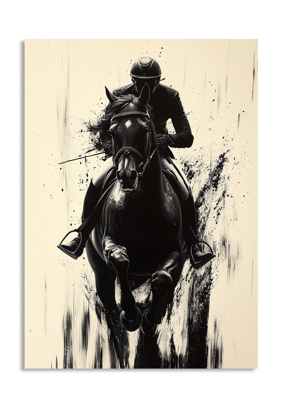 Artistic depiction of a horse and rider on a textured beige background, as a premium aluminum metal print from GoMetalPrint.

