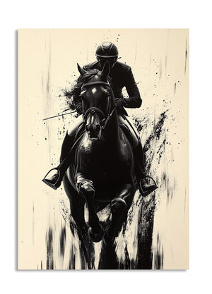 Artistic depiction of a horse and rider on a textured beige background, as a premium aluminum metal print from GoMetalPrint.
