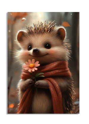 Hedgehog wearing a scarf holding a flower with a blurred autumn background , as a premium aluminum metal print from GoMetalPrint.

