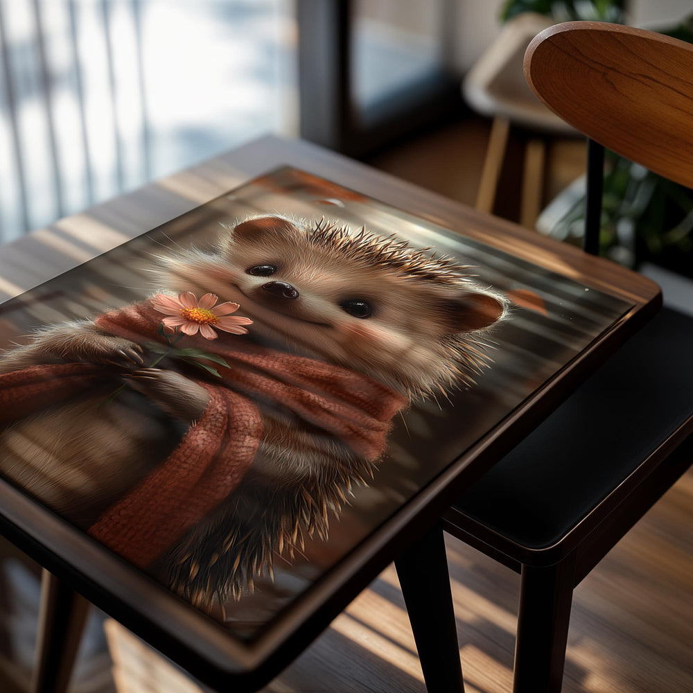 Hedgehog wearing a scarf holding a flower with a blurred autumn background , as a premium aluminum metal print from GoMetalPrint.
