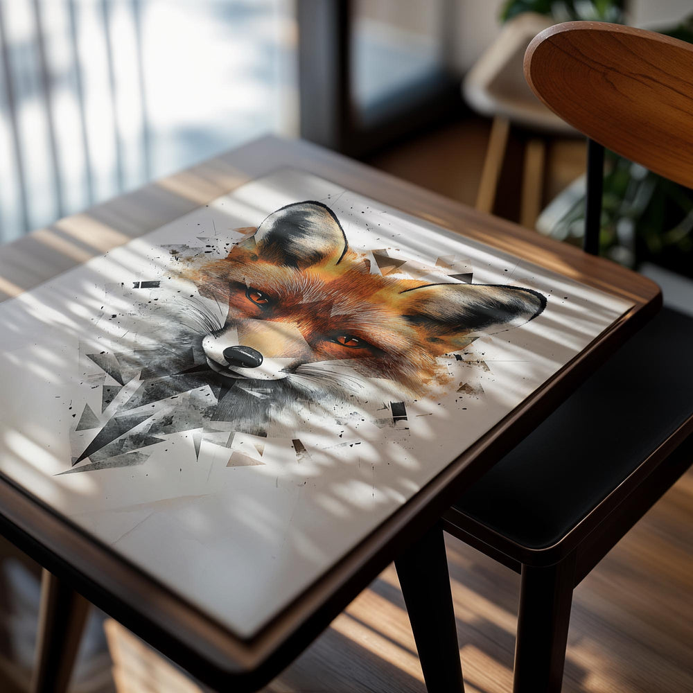 Artistic depiction of a fox with geometric patterns on a white background, as a premium aluminum metal print from GoMetalPrint.
