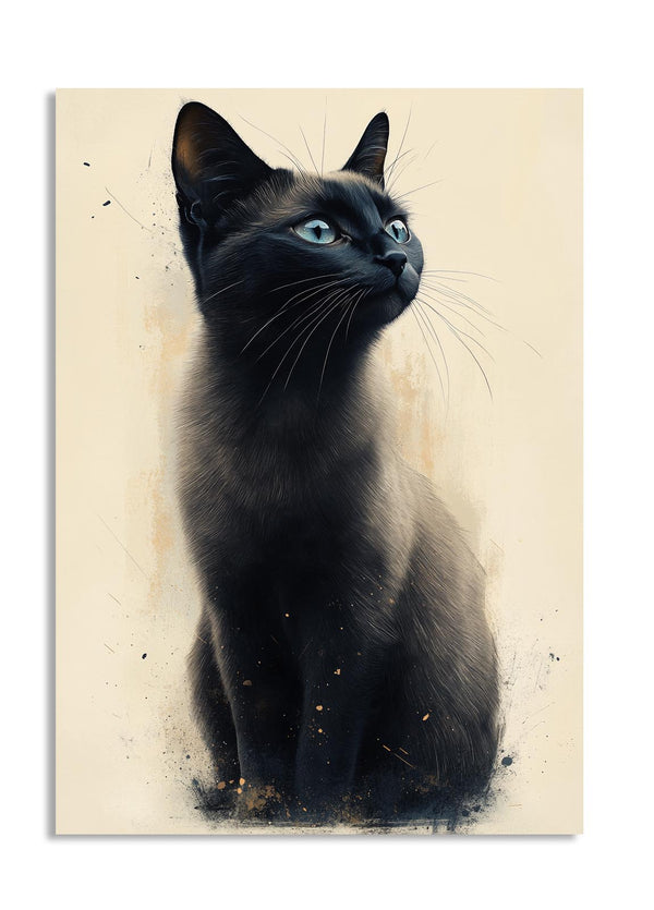 Black cat with blue eyes on a beige background, as a premium aluminum metal print from GoMetalPrint.
