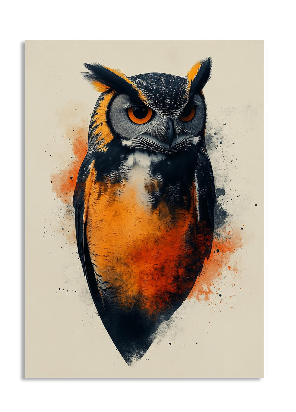 Colorful owl illustration on a beige background, as a premium aluminum metal print from GoMetalPrint.
