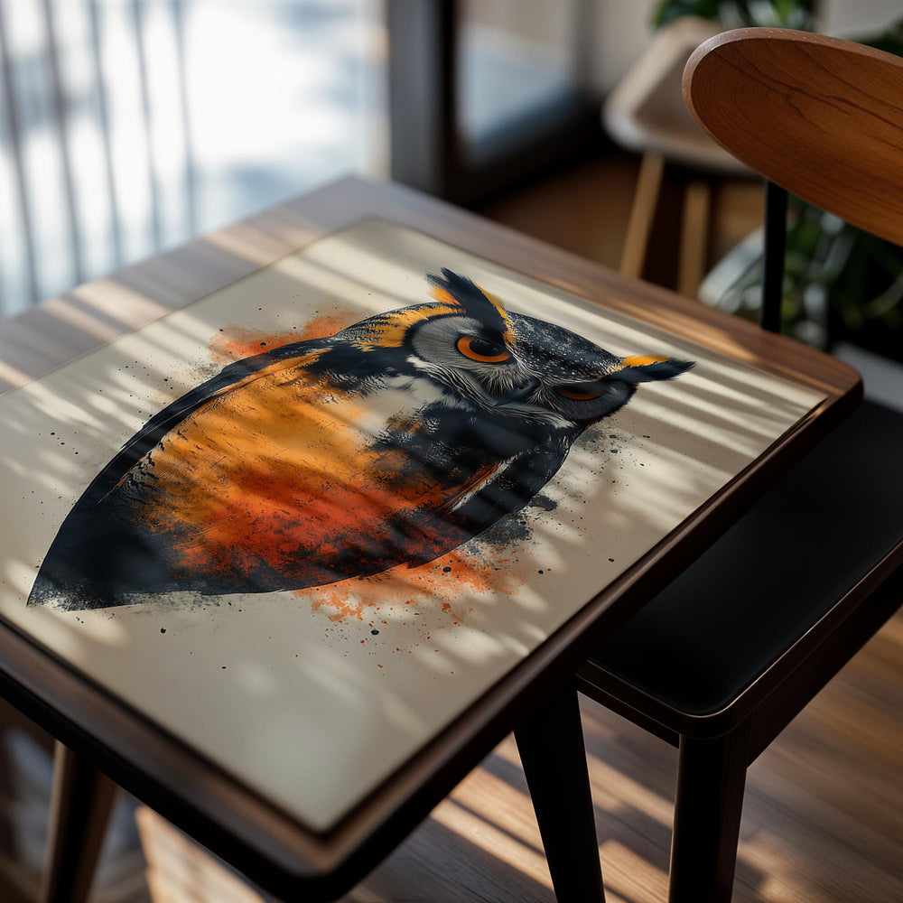 Colorful owl illustration on a beige background, as a premium aluminum metal print from GoMetalPrint.
