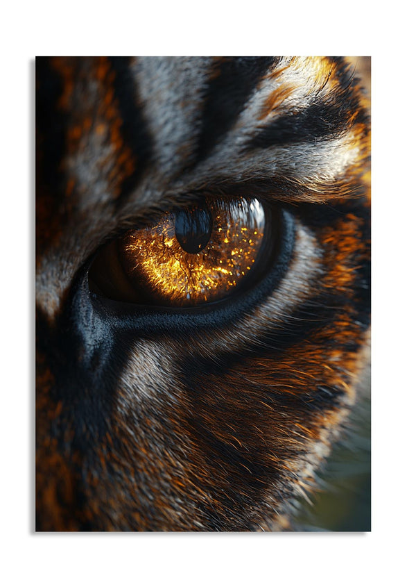 Close-up of a tiger's eye with detailed fur and glowing yellow iris, as a premium aluminum metal print from GoMetalPrint.

