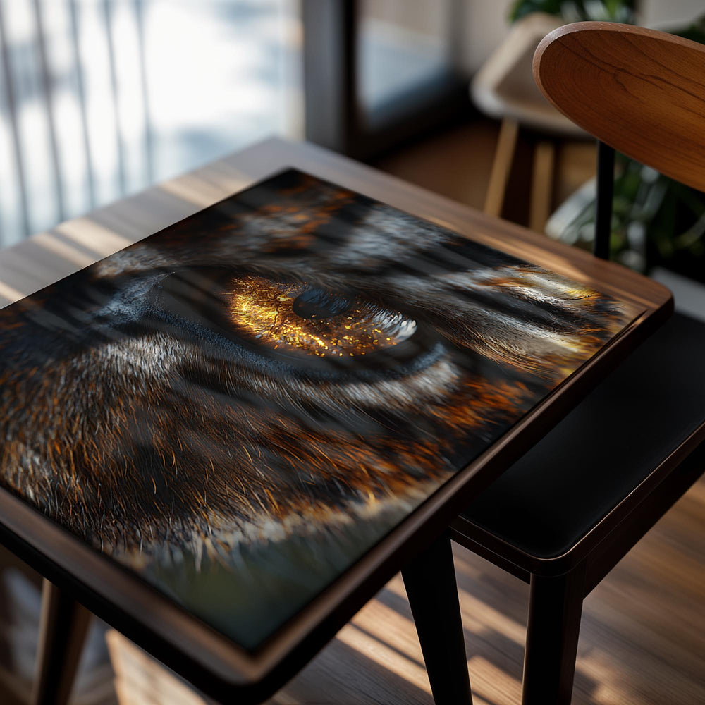 Close-up of a tiger's eye with detailed fur and glowing yellow iris, as a premium aluminum metal print from GoMetalPrint.
