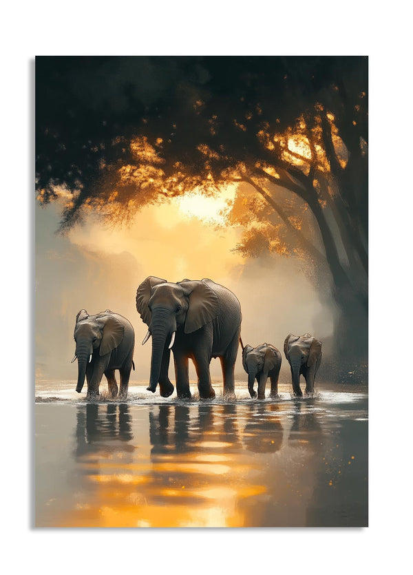 Elephants walking through water with a sunset or sunrise in the background, as a premium aluminum metal print from GoMetalPrint.
