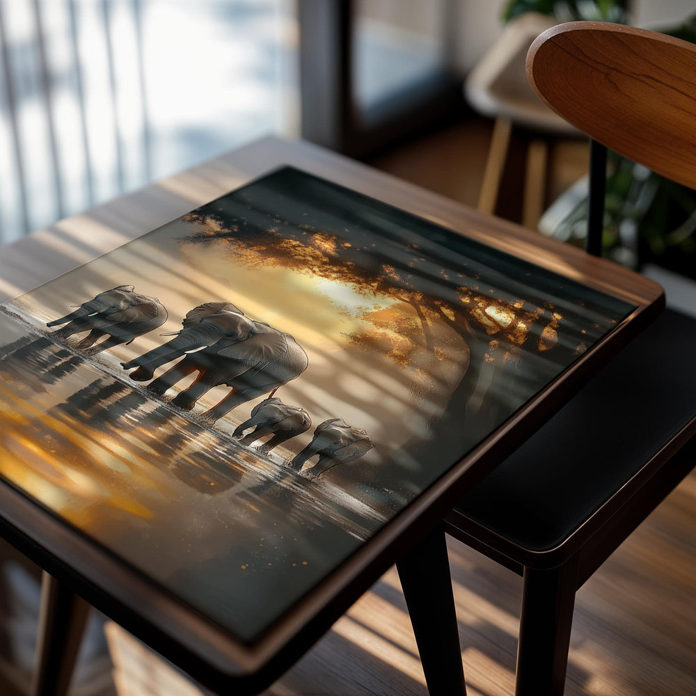 Elephants walking through water with a sunset or sunrise in the background, as a premium aluminum metal print from GoMetalPrint.
