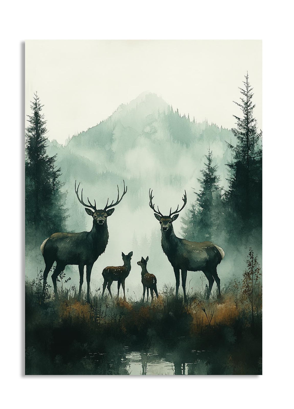 Two stags and two hinds standing in a misty forest with mountains in the background, as a premium aluminum metal print from GoMetalPrint.

