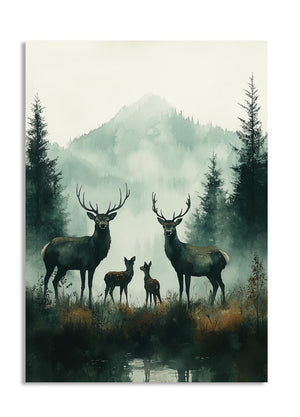 Two stags and two hinds standing in a misty forest with mountains in the background, as a premium aluminum metal print from GoMetalPrint.
