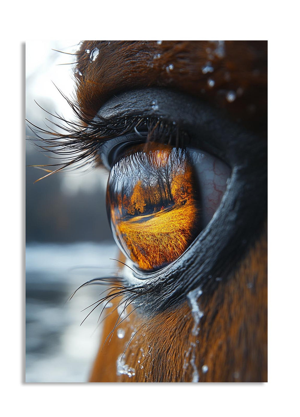 Close-up of a horse's eye with a blurred background, as a premium aluminum metal print from GoMetalPrint.
