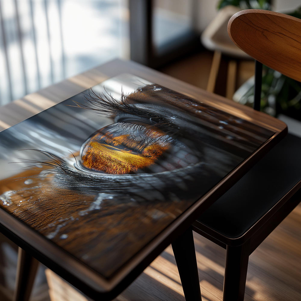 Close-up of a horse's eye with a blurred background, as a premium aluminum metal print from GoMetalPrint.
