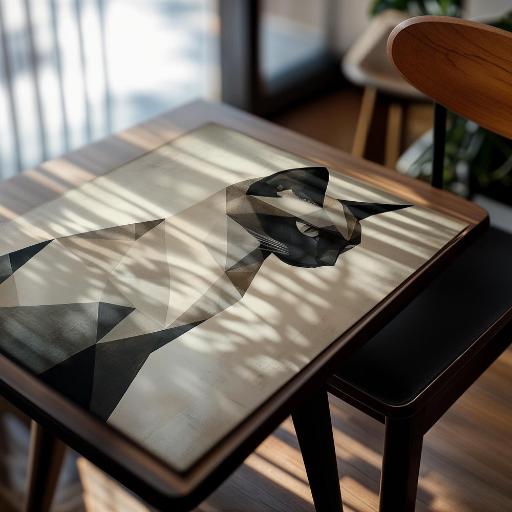 Geometric cat illustration on a textured beige background, as a premium aluminum metal print from GoMetalPrint.
