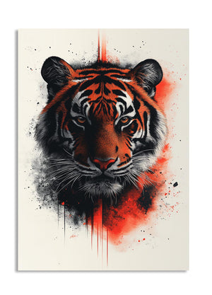 Artistic depiction of a tiger's face with red and black accents on a beige background, as a premium aluminum metal print from GoMetalPrint.
