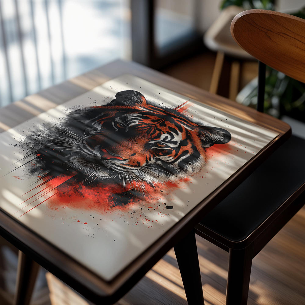 Artistic depiction of a tiger's face with red and black accents on a beige background, as a premium aluminum metal print from GoMetalPrint.
