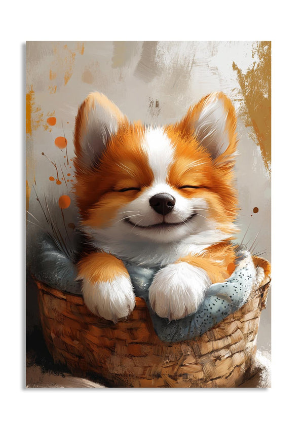 Illustration of a corgi puppy in a basket with a soft background, as a premium aluminum metal print from GoMetalPrint.

