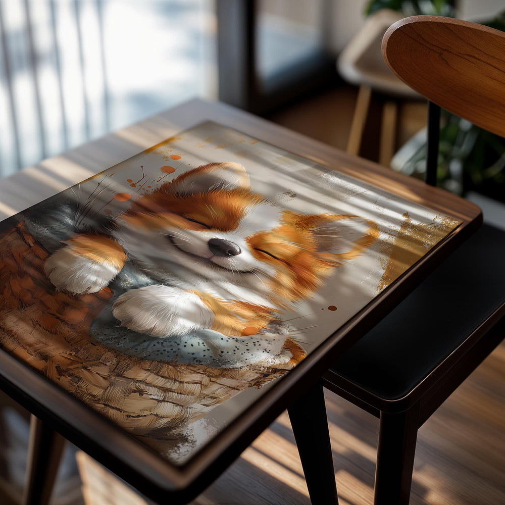 Illustration of a corgi puppy in a basket with a soft background, as a premium aluminum metal print from GoMetalPrint.
