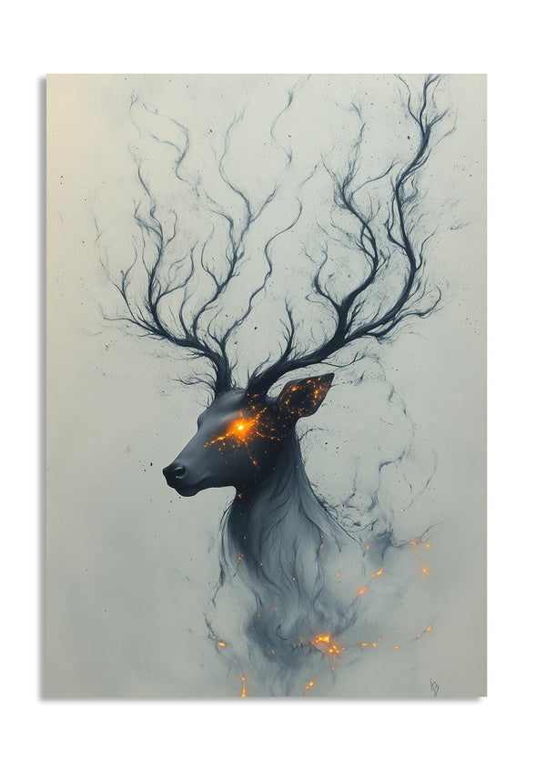 Artistic depiction of a deer with glowing eyes on a light background, as a premium aluminum metal print from GoMetalPrint.
