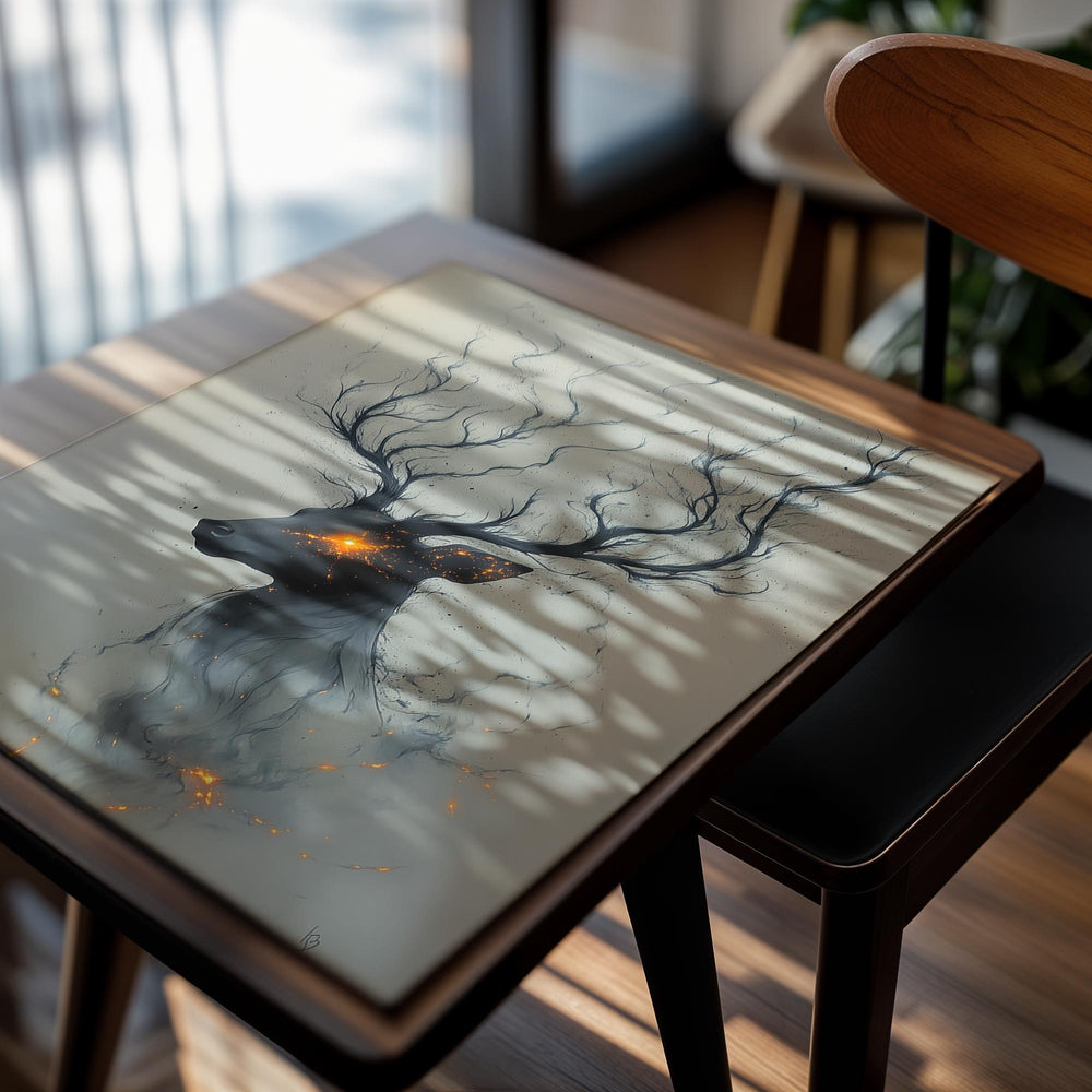 Artistic depiction of a deer with glowing eyes on a light background, as a premium aluminum metal print from GoMetalPrint.
