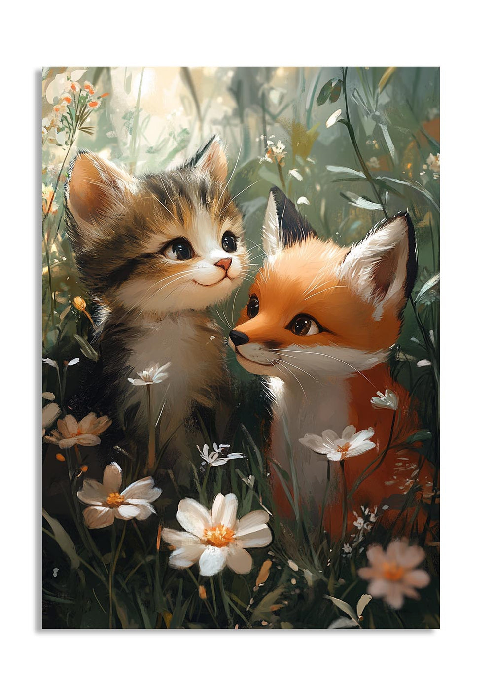 Illustration of a kitten and a fox standing close together in a garden with flowers, as a premium aluminum metal print from GoMetalPrint.
