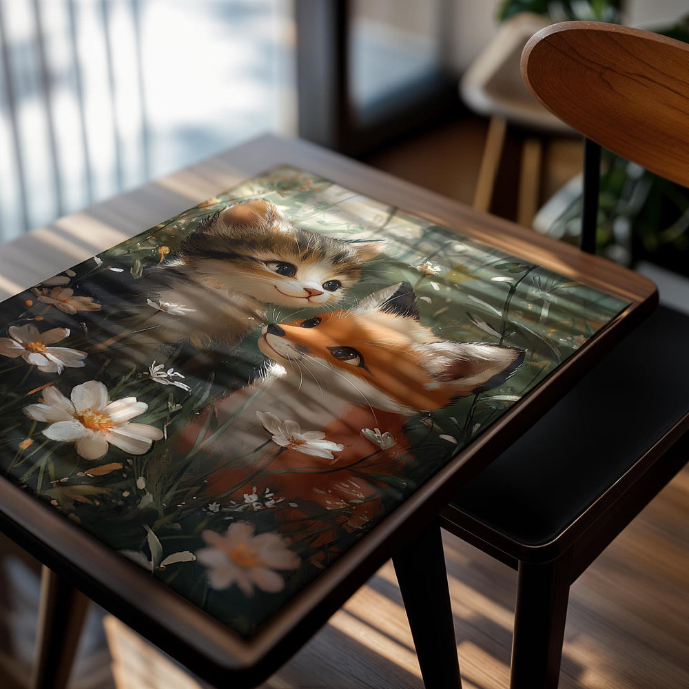 Illustration of a kitten and a fox standing close together in a garden with flowers, as a premium aluminum metal print from GoMetalPrint.
