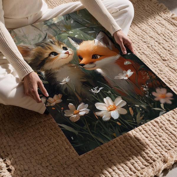 Kitten and Fox in Meadow