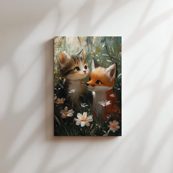 Kitten and Fox in Meadow