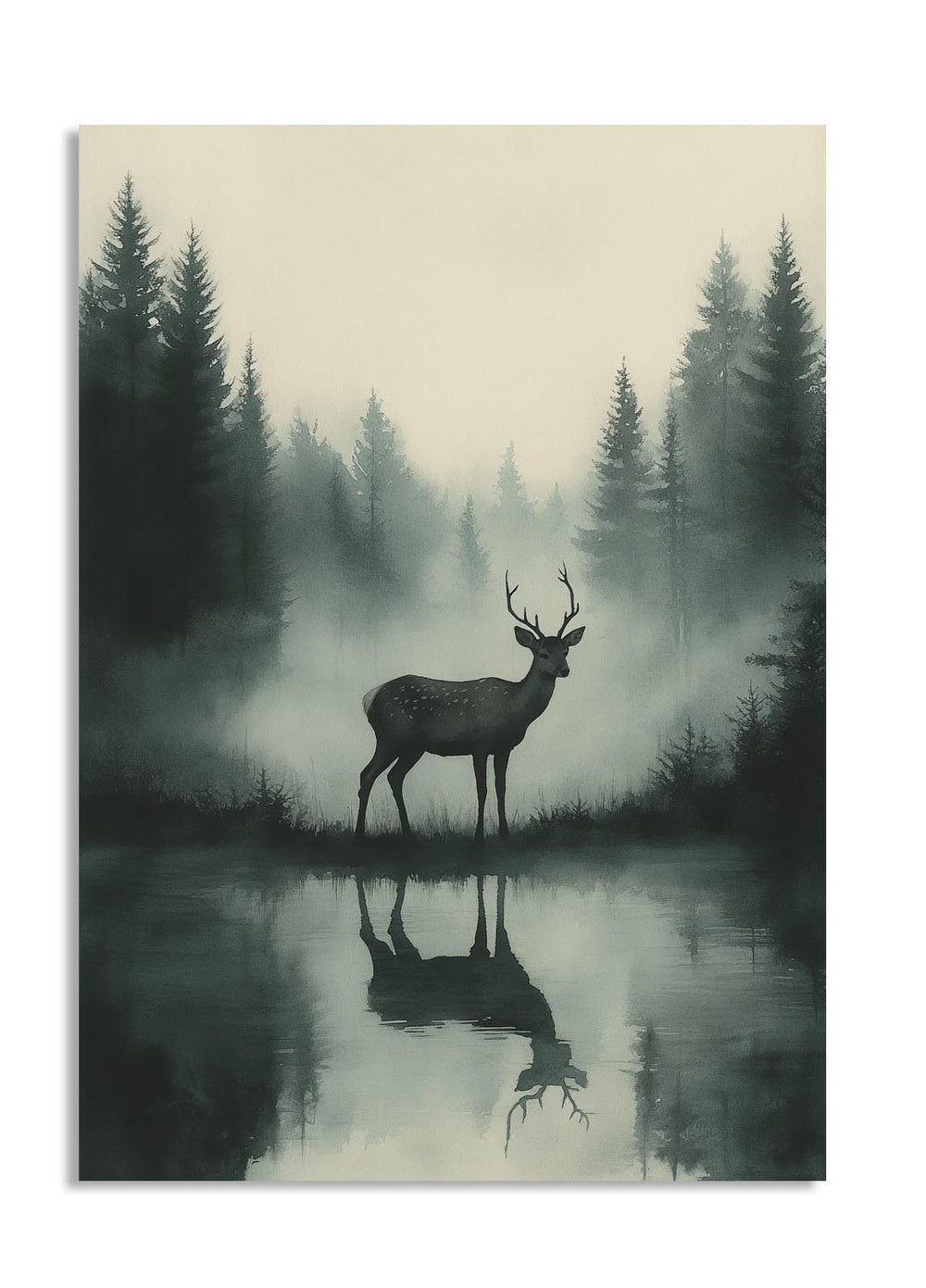 Silhouette of a deer in a forest with misty background, as a premium aluminum metal print from GoMetalPrint.
