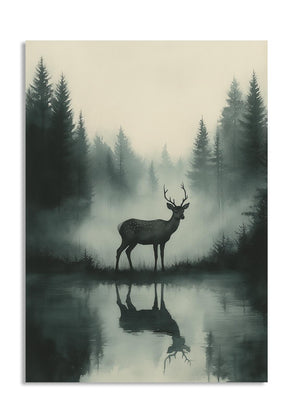 Silhouette of a deer in a forest with misty background, as a premium aluminum metal print from GoMetalPrint.
