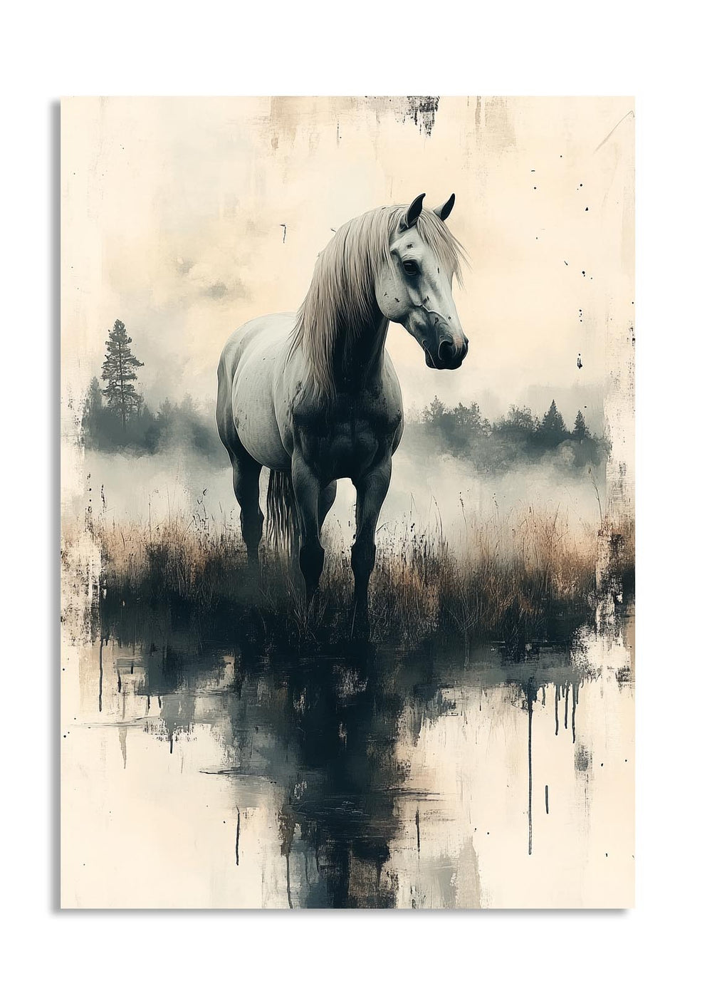 White horse standing in water with a misty forest background, as a premium aluminum metal print from GoMetalPrint.
