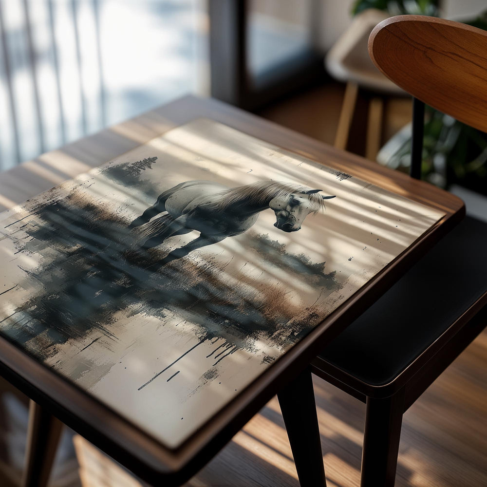 White horse standing in water with a misty forest background, as a premium aluminum metal print from GoMetalPrint.
