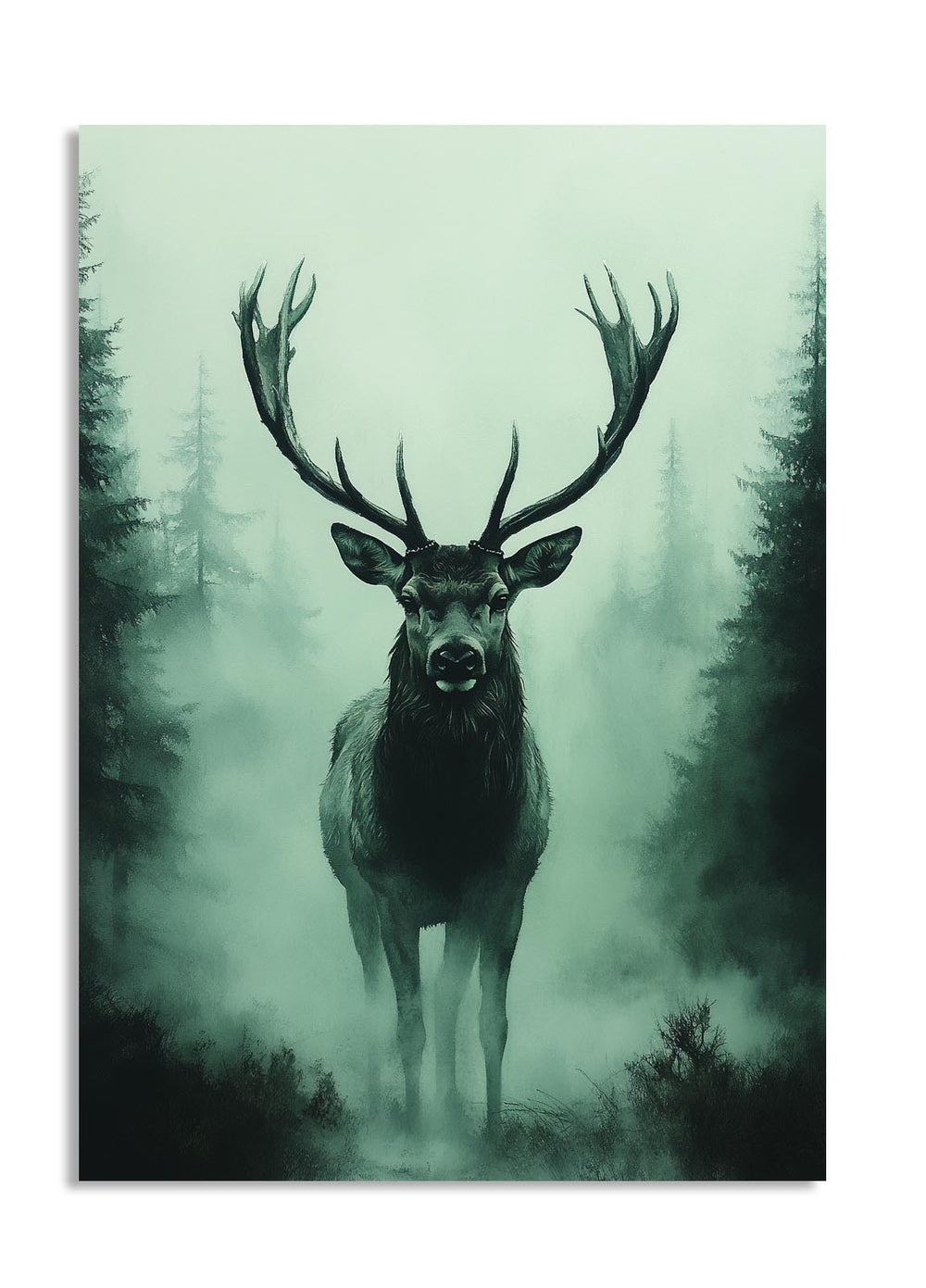 Stag in a forest with a misty background, as a premium aluminum metal print from GoMetalPrint.
